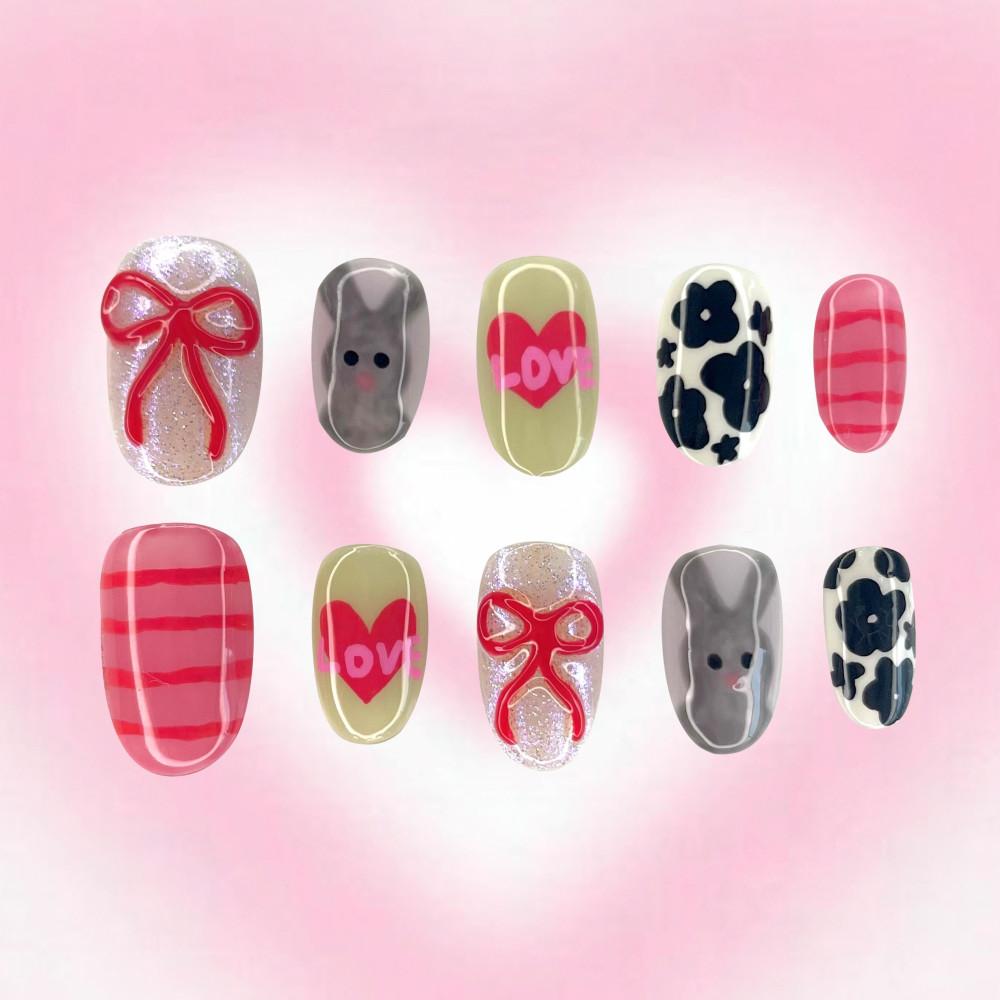 [⁂작가추천⁂] pink love 수제네일팁 오마카세 오브제 유니크네일 리본네일 토끼네일