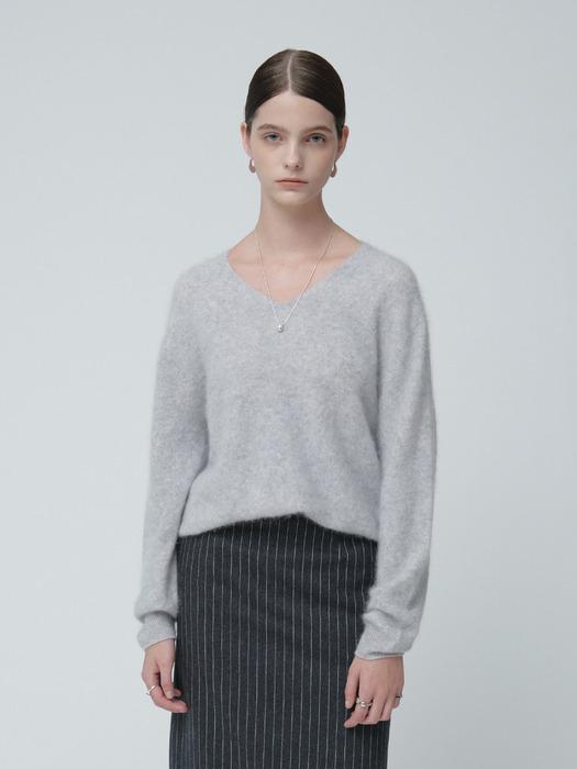 [ESSENTIEL] [Cashmere 5%] FINESSE Hairy Wool Loose-Fit V-Neck Knit Pullover_Medium Gray