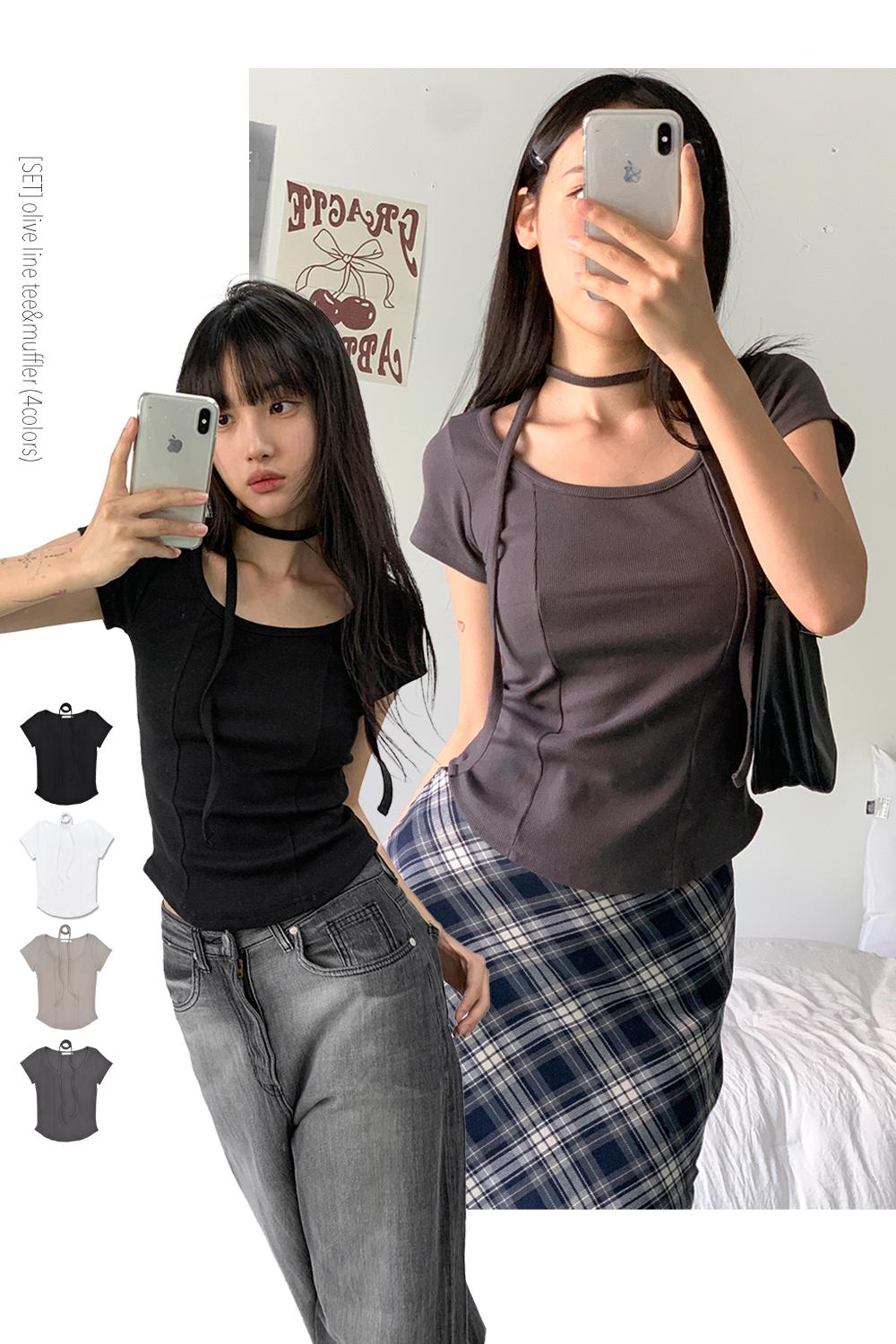 아쿠비클럽 [SET] olive line tee&muffler (4colors)