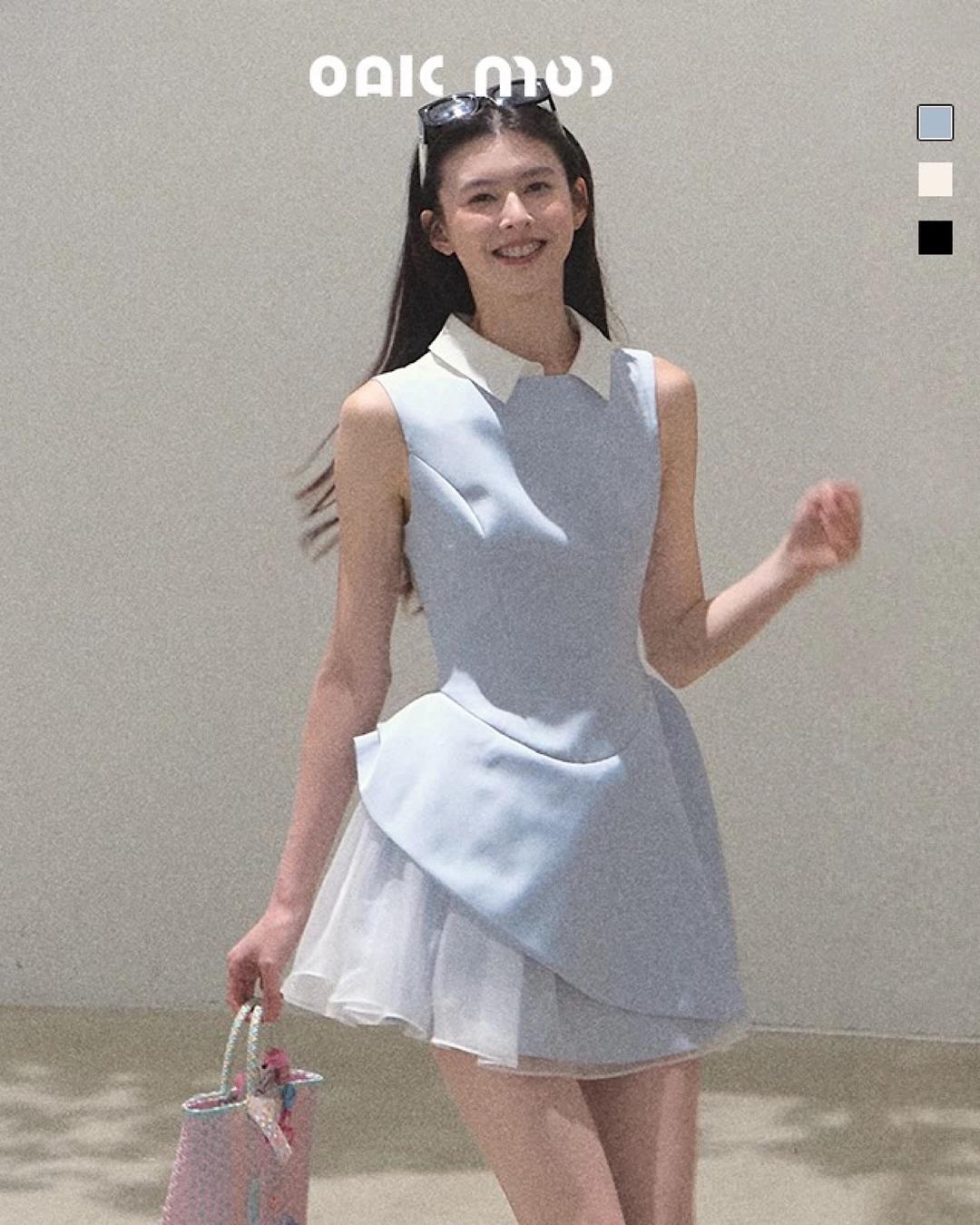 OAKMOO 오크무 pretty eyes 튤 컬리지 디태처블 넥 미니 드레스