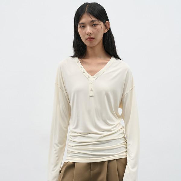 Button Shirring V-Neck T-shirt
