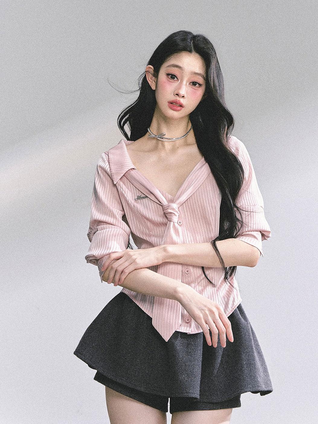 Pink Polo Collar Striped Shirt  DIA0570