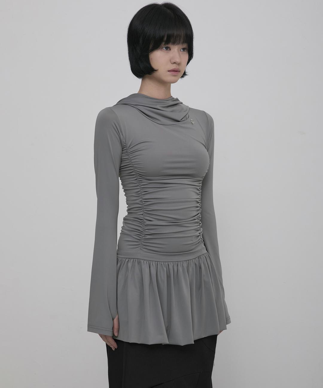 Hooded High Neck Long Dress (FL-185_Gray)