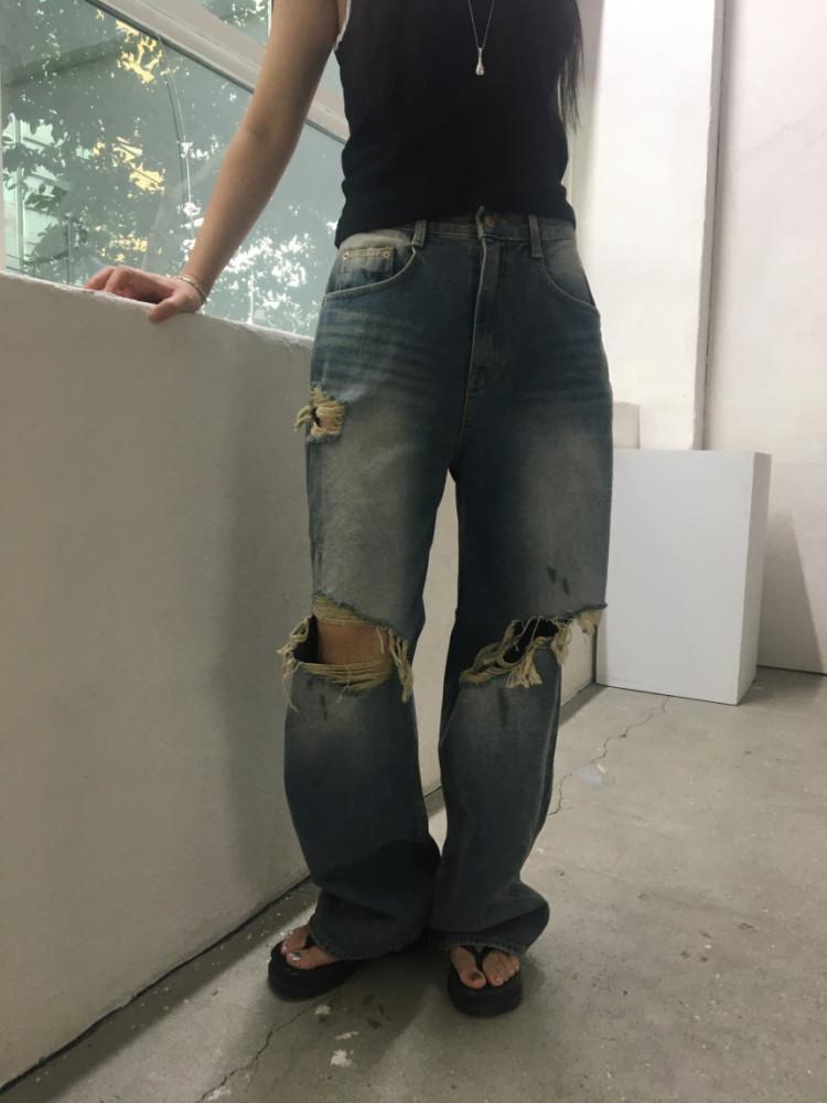 빈티지 찢청 세미와이드팬츠