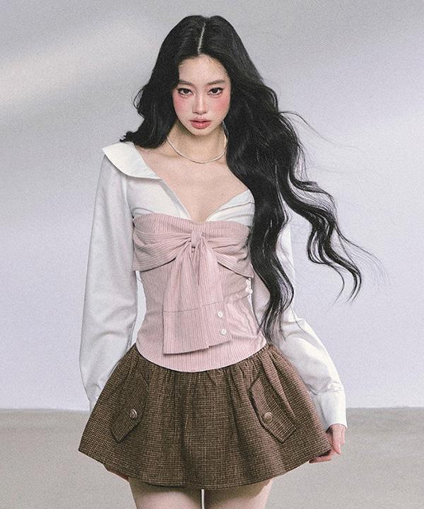 캣스트릿 핑크레이어드 셔츠블라우스