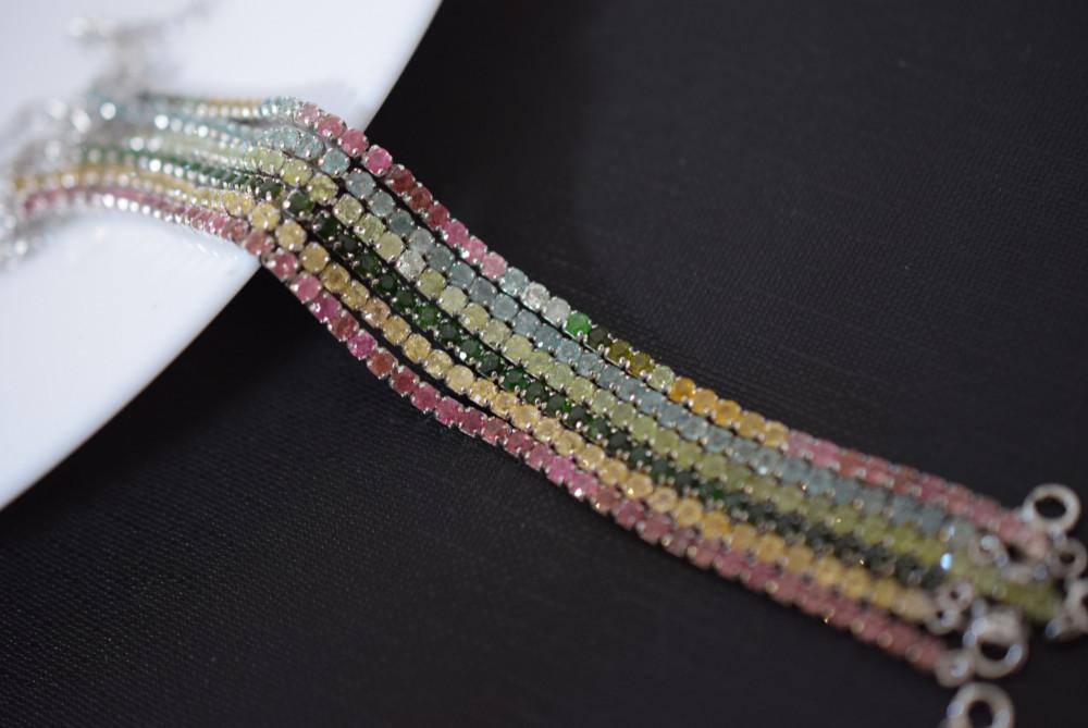 93-8 上品 シルバー 2.5mm 丸 天然 トルマリン ブレスレット 黄色 茶色 ピンク ブルー パライバ 電気石