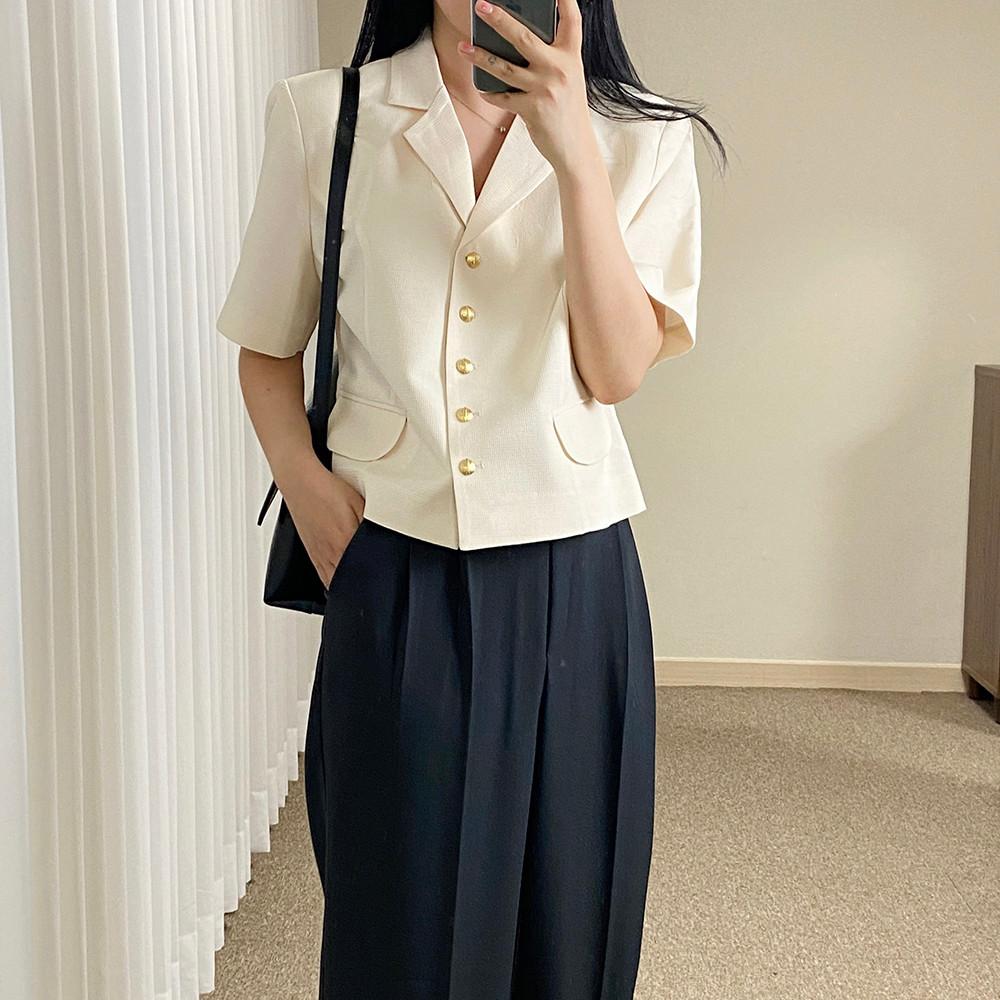 로운 자켓/여성 여자 여름 반팔 트위드 금장 카라 브이넥 크롭 자켓