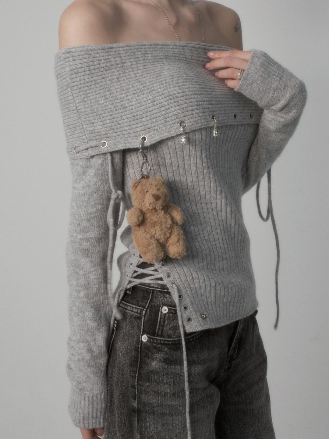 Eyelet String Off-Shoulder Knit T