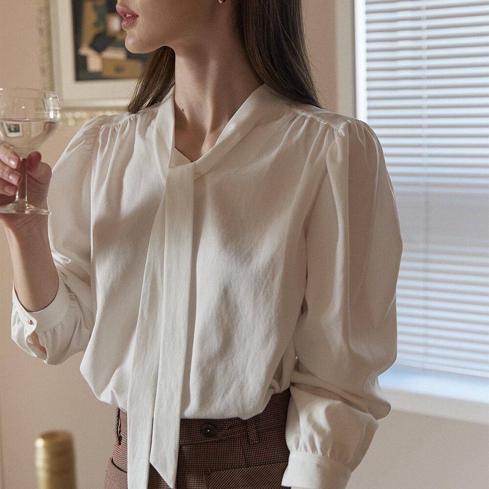 Scarf Tie Goldish Blouse - Cream Beige