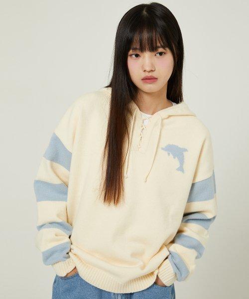 빅 돌핀 스트라이프 후드 니트 아이보리