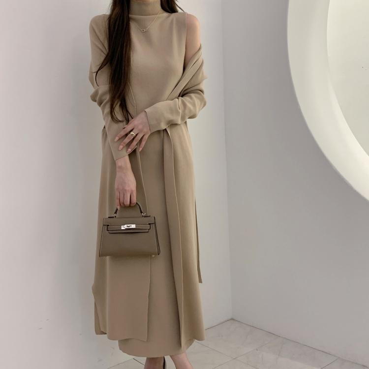 끌로에드 [원피스+가디건SET]마제 반목 터들텍 폴라 나시 맥시 원피스 벨트 롱 가디건 니트 투피스 세트 2color