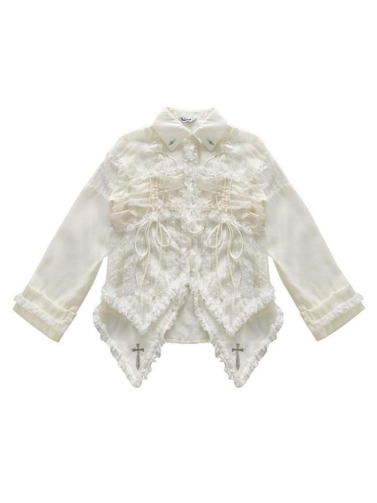 Lace-Up Crosses Embroidery Chiffon Lace Trim Shirt【s0000008151】
