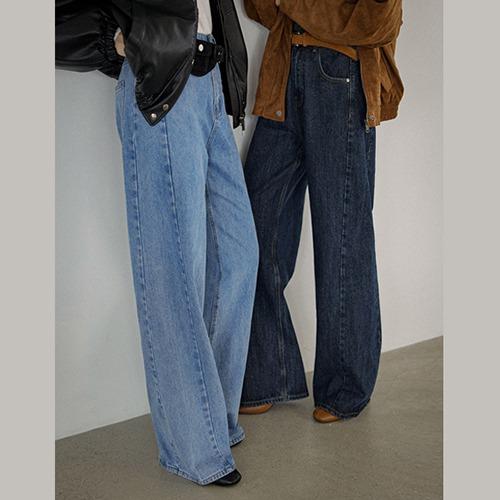 PJ31569 워싱 절개라인 와이드 데님팬츠