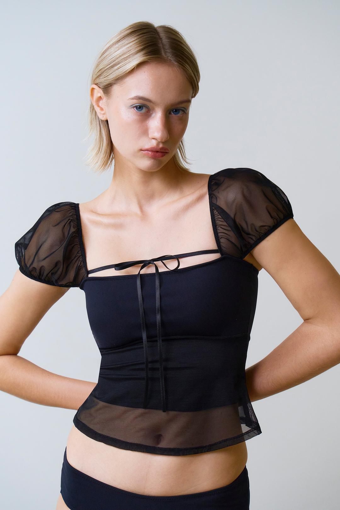 [리퍼브] 리본 시스루 퍼프 하프탑 비키니브라 (Black)