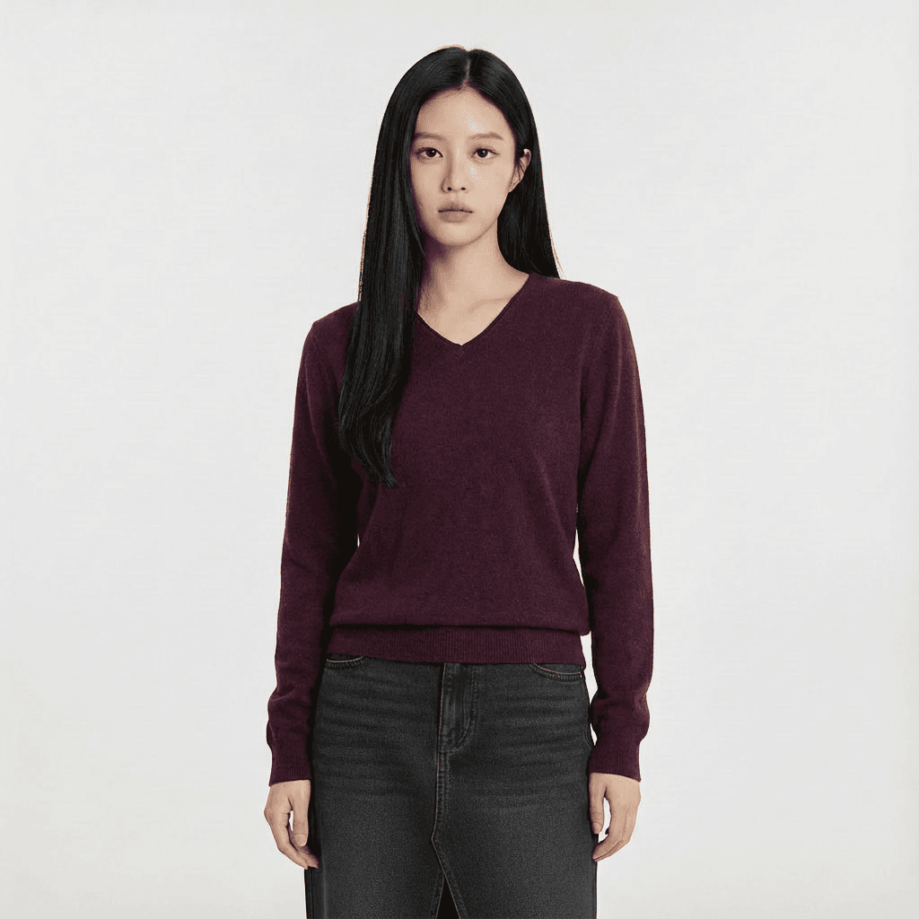 행텐 여성 브이넥 롱슬리브 니트_버건디