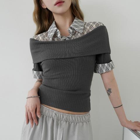 헬리 레이어드 체크 오프숄더 티셔츠