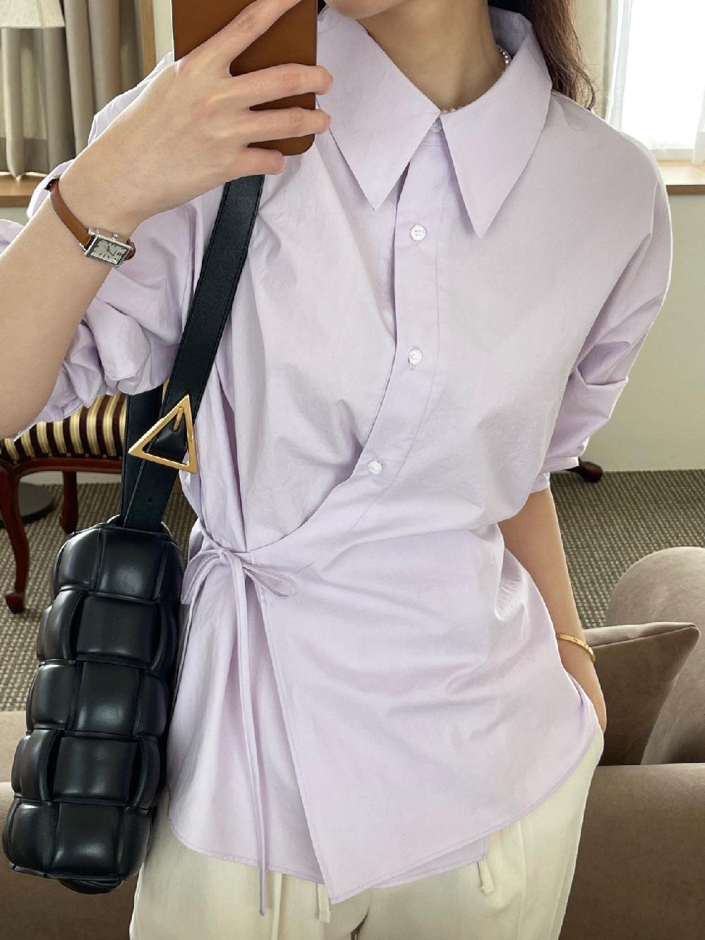 봄 여름 가을 프레쉬 랩 허리끈 스트링 워싱면 셔츠 롱 긴팔 블라우스 아이보리 연보라