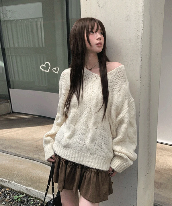 [도톰🧶/아방루즈핏] 하츠 꽈배기 루즈핏 울 브이넥 니트 (6color)