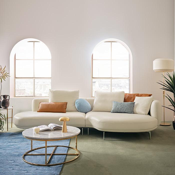 루아르 4인 반카우치형 뉴프라우 소프트 소가죽 라운드형 소파