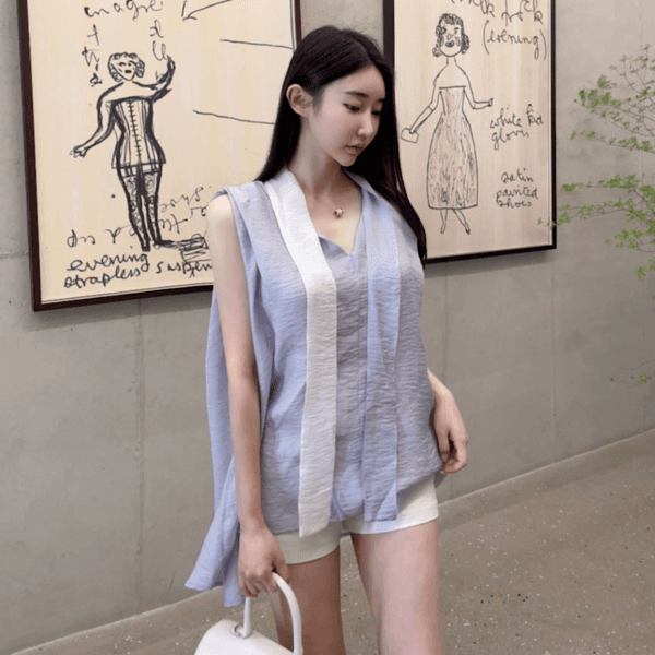 오간자 배색 타이 블라우스