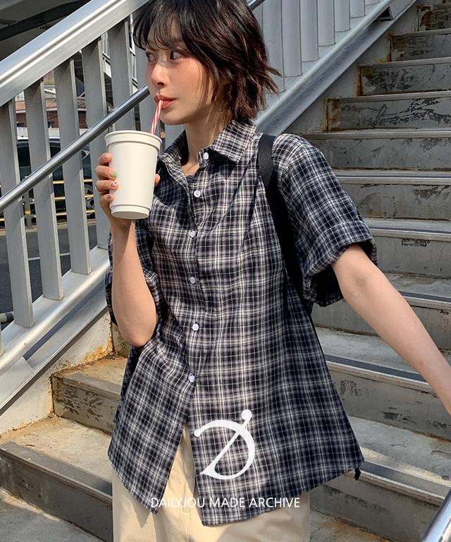 데일리쥬 [MADE] 헤일리 오버핏 빈티지 체크 반팔 셔츠