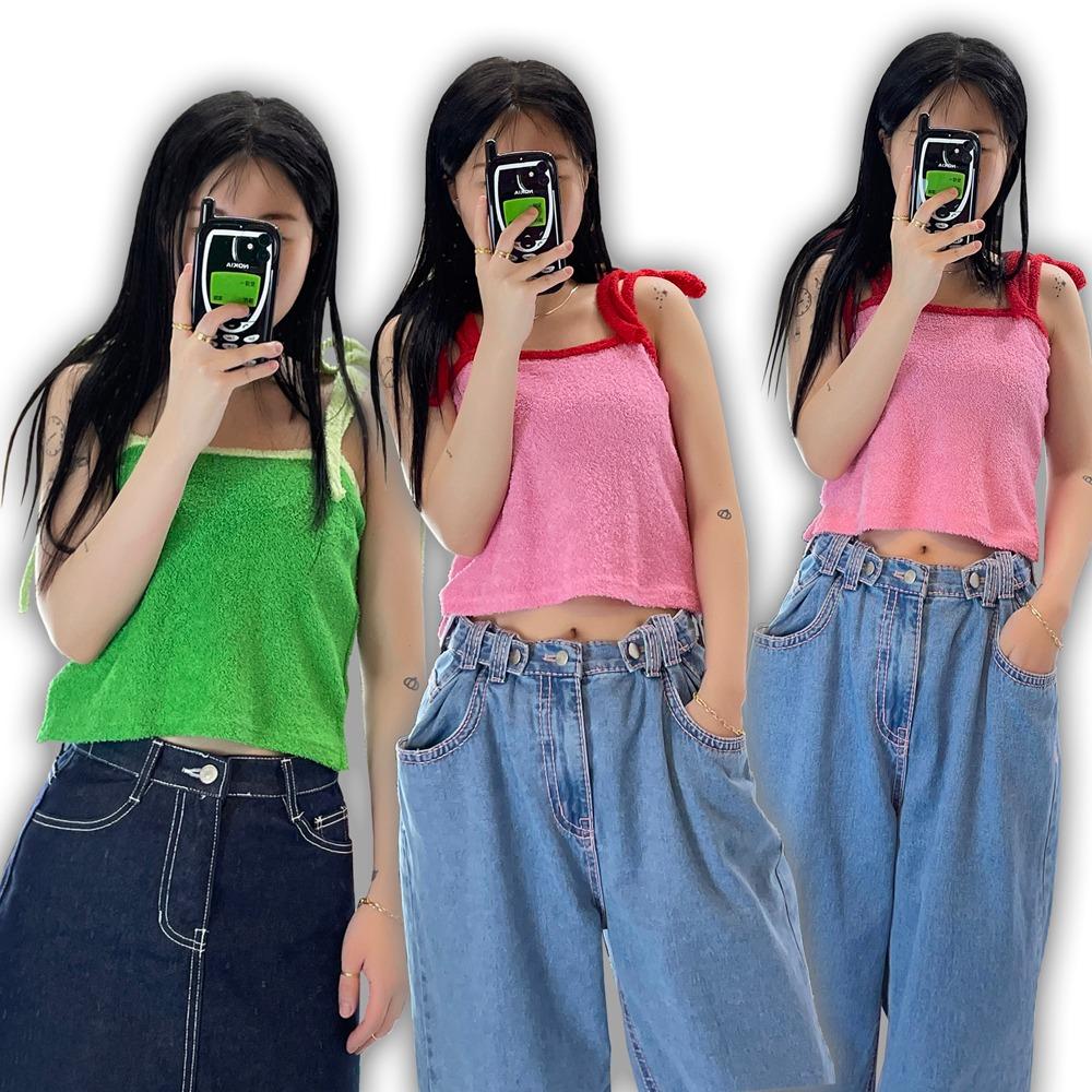 리본 스트랩 타올 테리 배색 크롭 민소매 나시