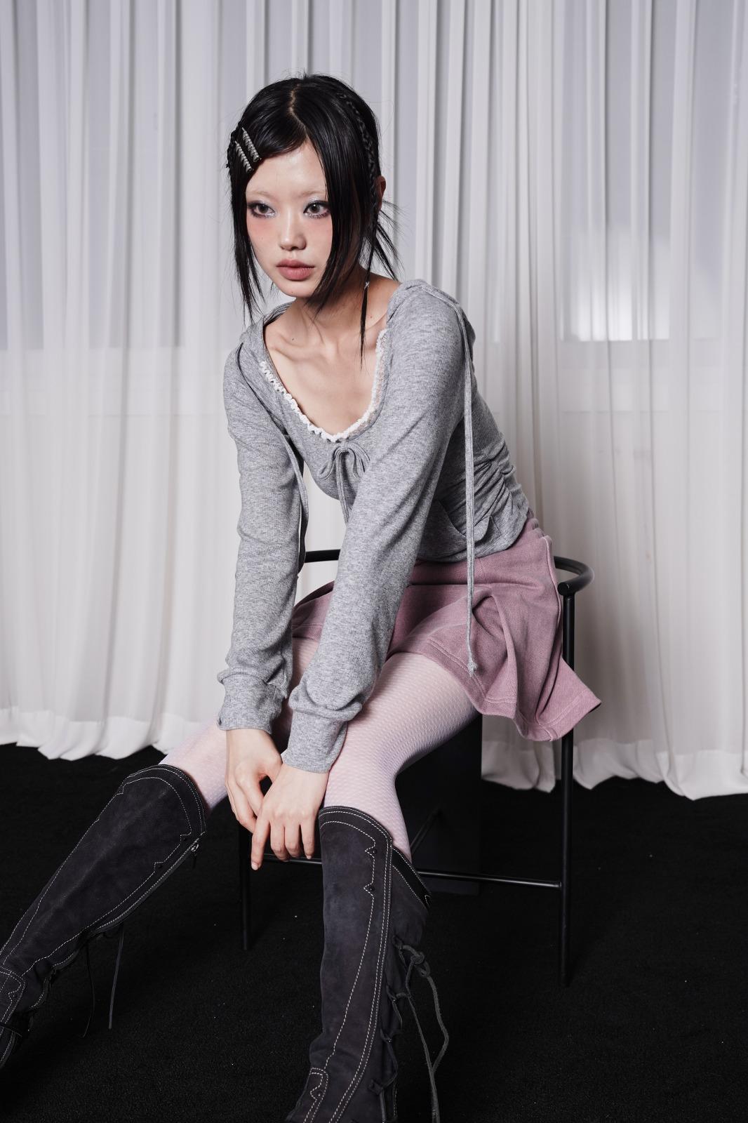 텐셀.울) lace trim hoodie-gray