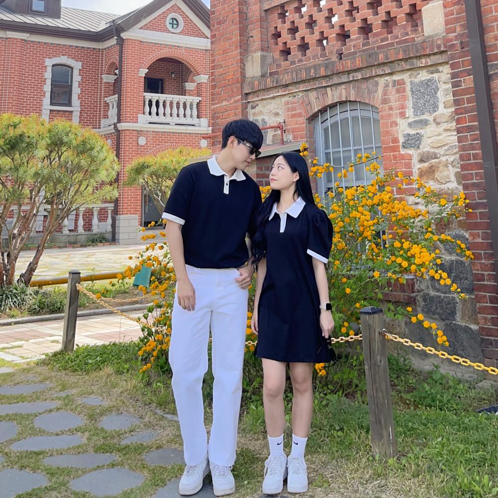 [당일발송,자체제작] 블랙 배색 카라 반팔 미니 원피스 데이트 캠퍼스 여름 신혼여행 커플 시밀러룩