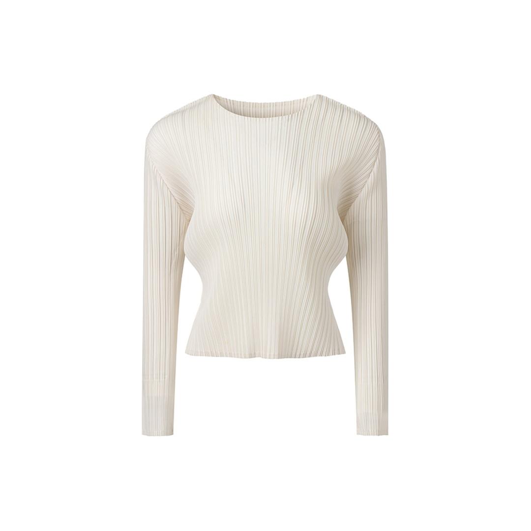 [여성] 라운드넥 긴소매 크롭 플리츠 티셔츠 (아이보리)