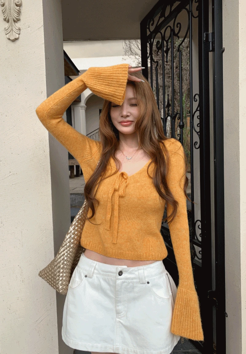 플러피 리본 브이넥 니트(5552)