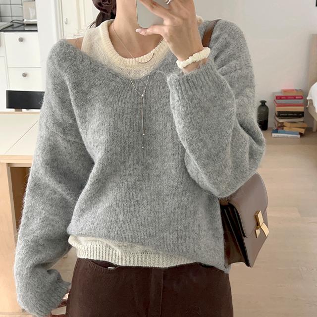 그리니스튜디오 울🐑니트세트) 더블더블 레이어링 라운드넥 나시 브이넥 긴팔 니트 세트 (3 colors)