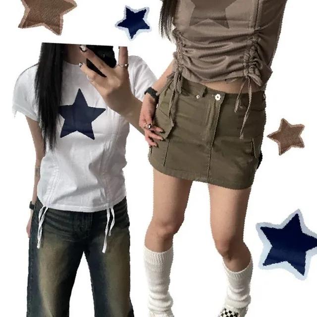 [당일발송] 빈티지 스타 별 셔링 티셔츠 - 스트릿 y2k 하이틴 키치 뉴진스 스타티셔츠 반팔 크롭 끈조절 캐주얼