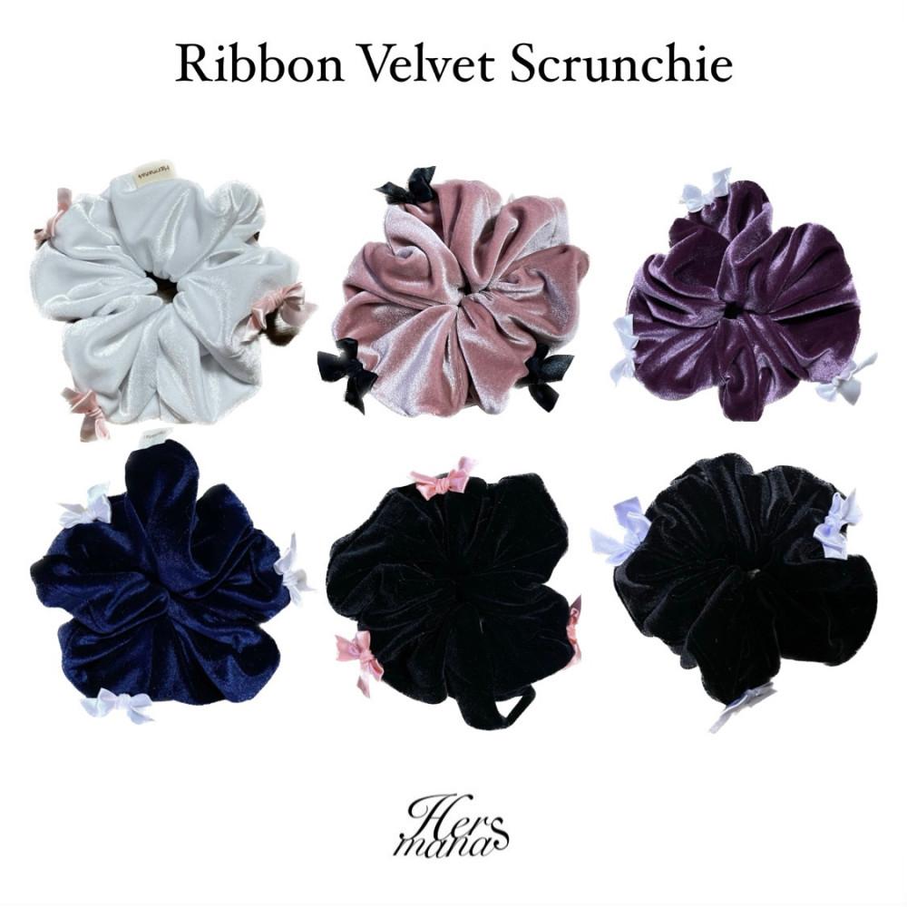 [에르마나스] 자체제작 리본 발레코어 벨벳 스크런치 헤어슈슈 곱창끈
