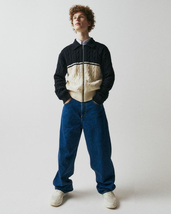 케이블 카라 집업 가디건 네이비