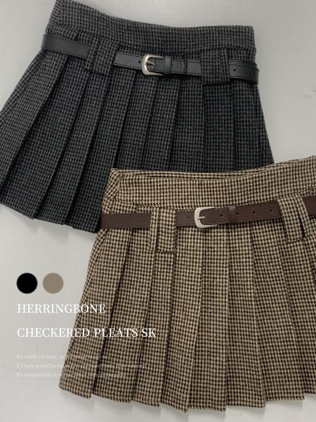 어베러데이 [도톰🤎+벨트세트] 헤링본 체크 플리츠 미니스커트-2C