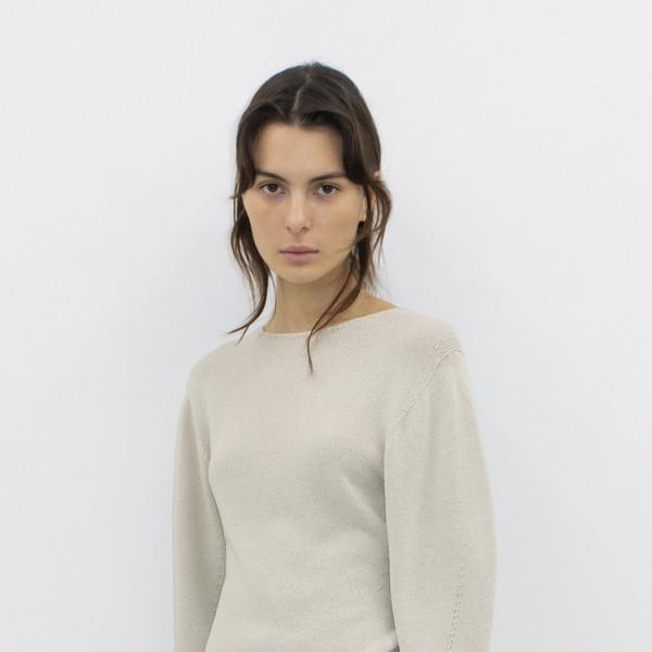 LINEN BLEND MID-SLEEVE SEAMLESS KNIT TOP - NEUTRAL