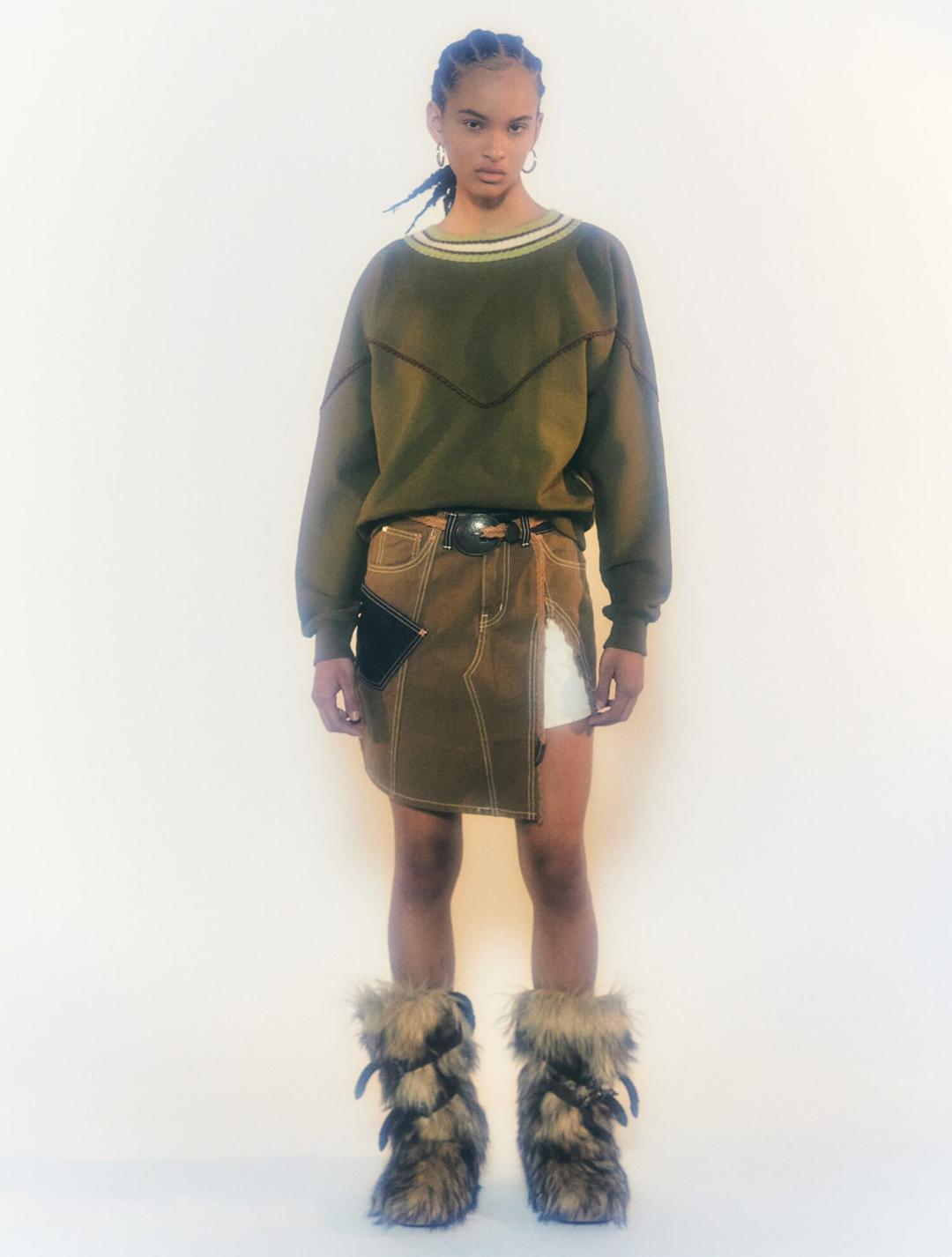 마리에 패치 어쉬메트릭 데님 스커트 apa553w(BROWN MULTI)