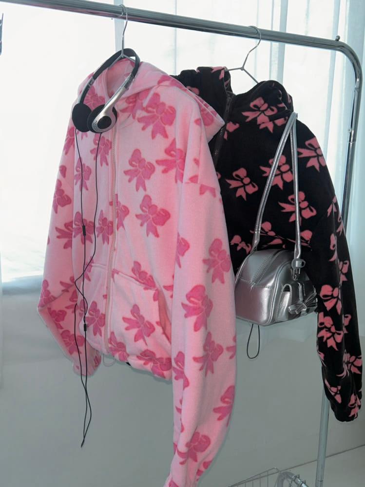 리본 후리스 후드집업