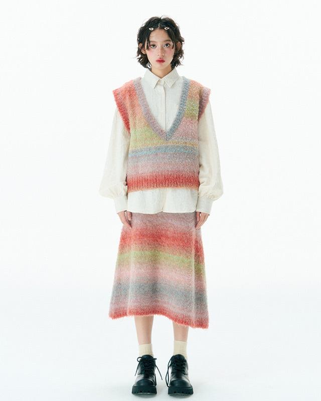 YEDM 컬러 니트 브이넥 베스트/스커트 (3 컬러)