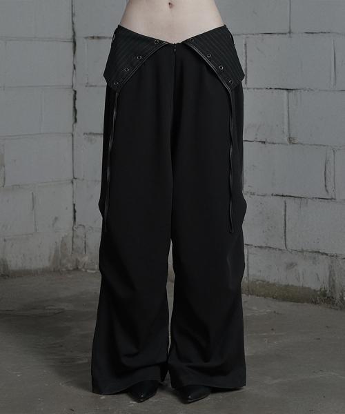 Panel Line Shirring Wide Slacks (Black)