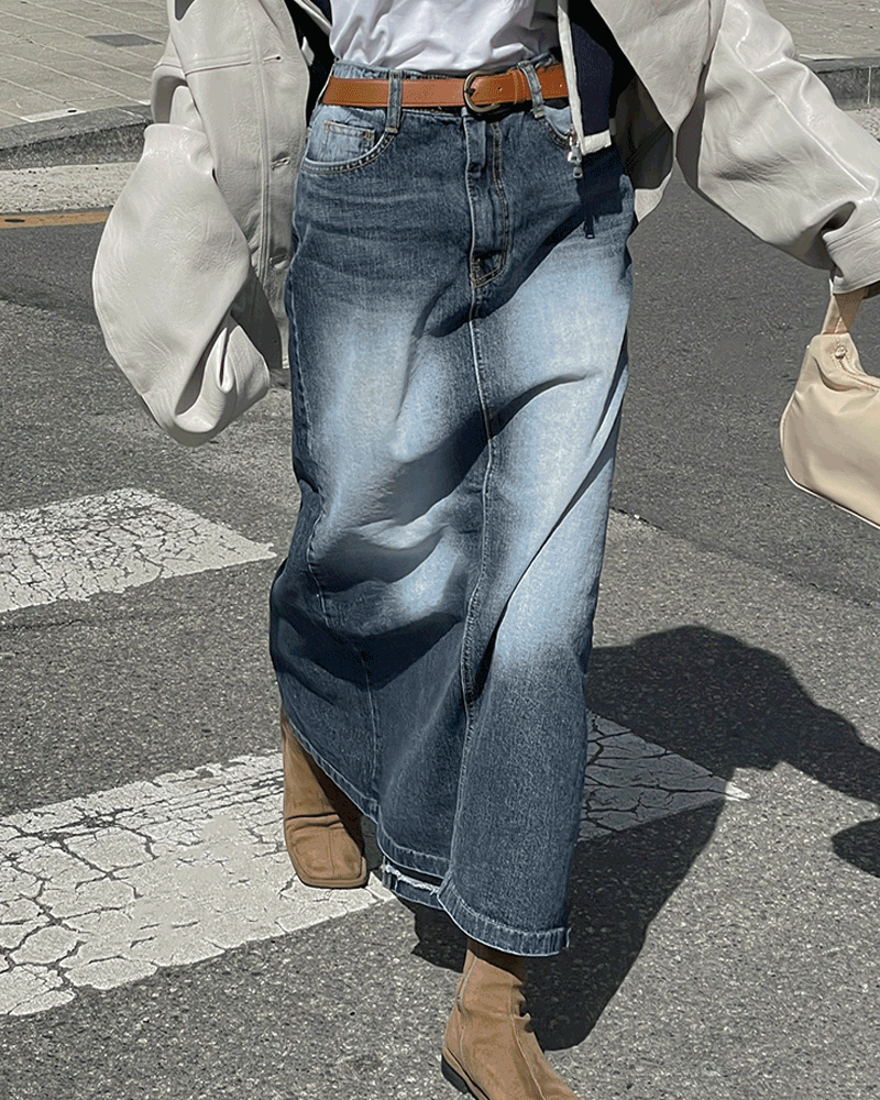 [히든밴딩]맥시 빈티지 워싱 뒷트임 롱 데님 스커트(2color)