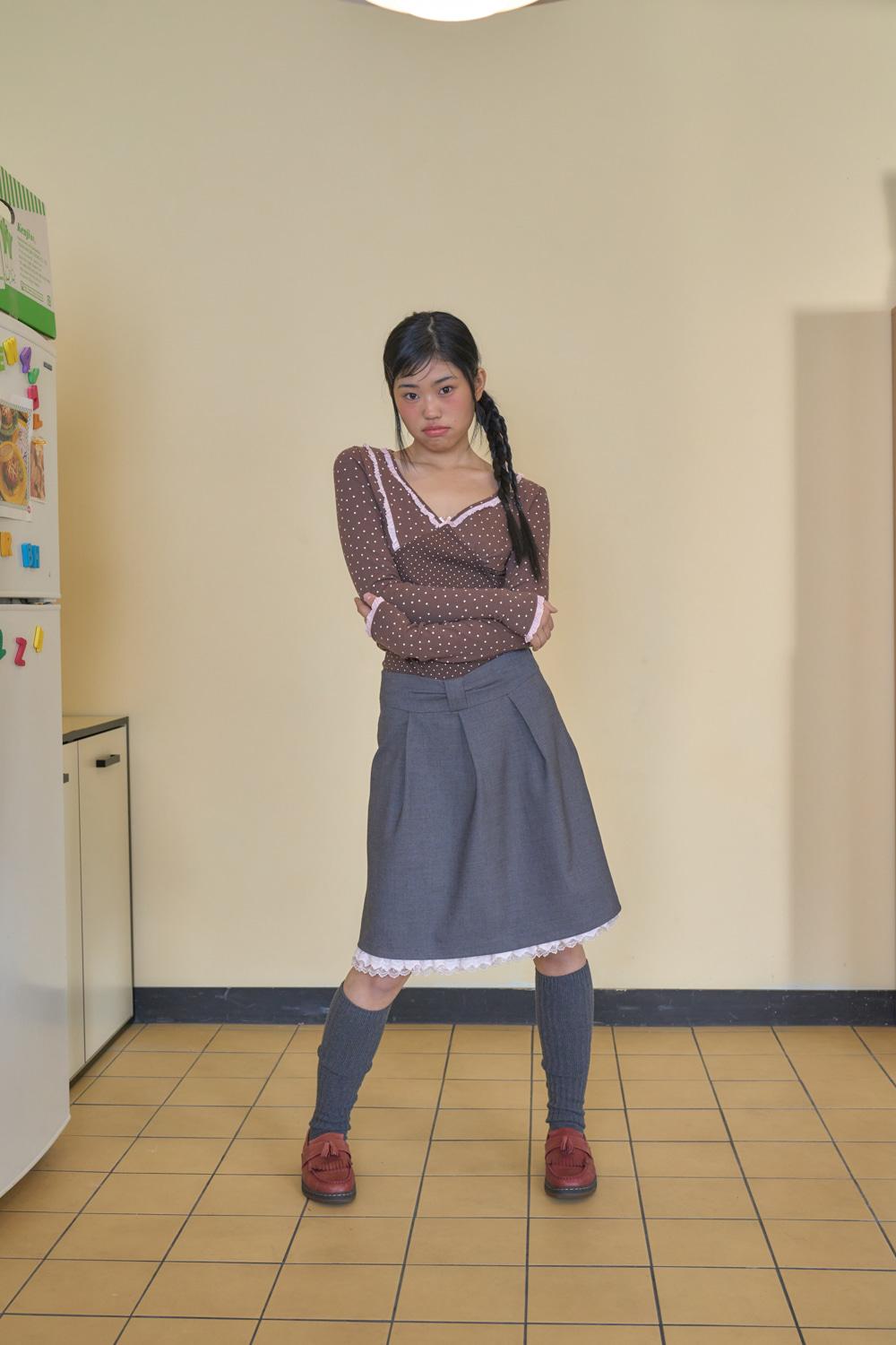 BOW WOOL LACE SKIRT (GREY)