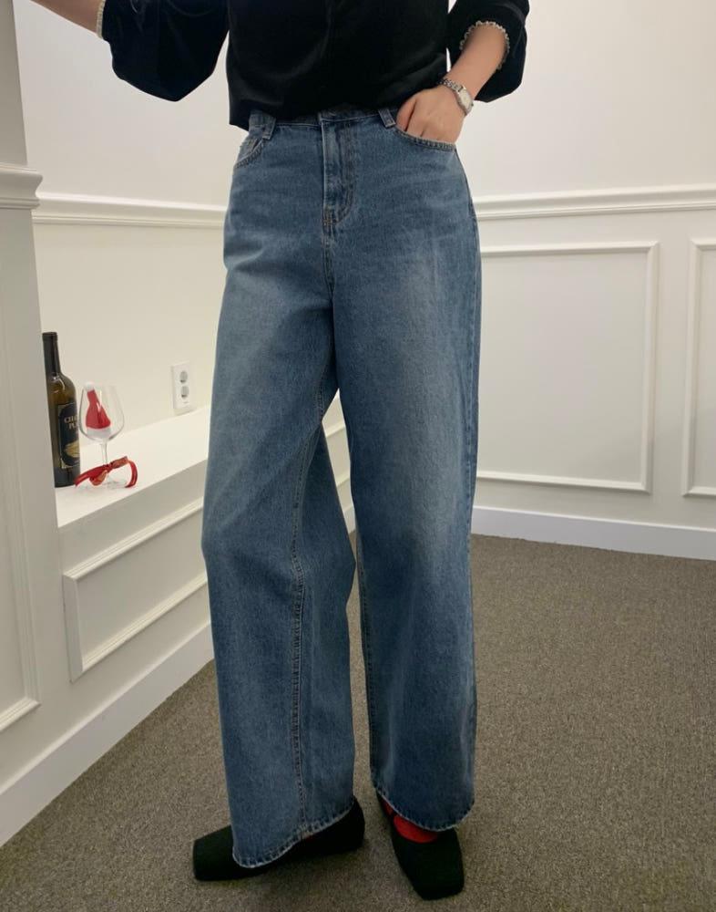 세리 하이웨이스트 중청 와이드 데님