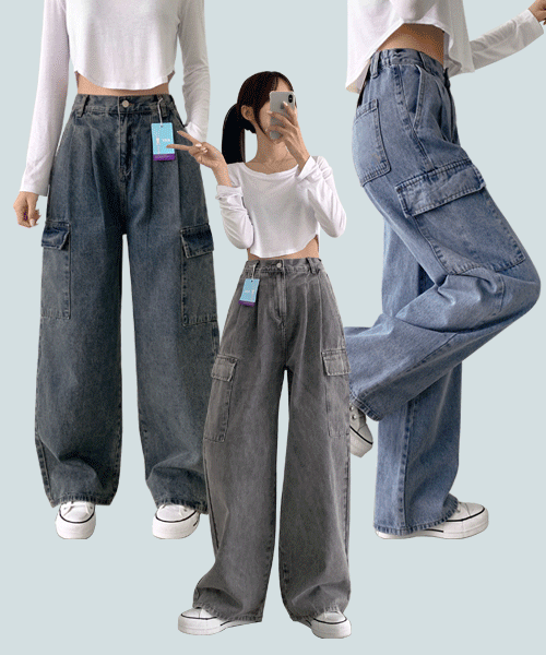 ~2XL[기장선택/인생핏보장]포켓 통 배기 와이드핏 데님 카고 팬츠