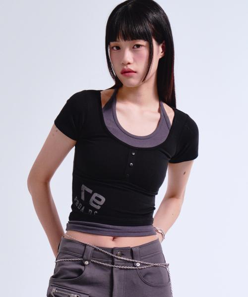 SHIRRING HALTERNECK LAYERED TEE BLACK