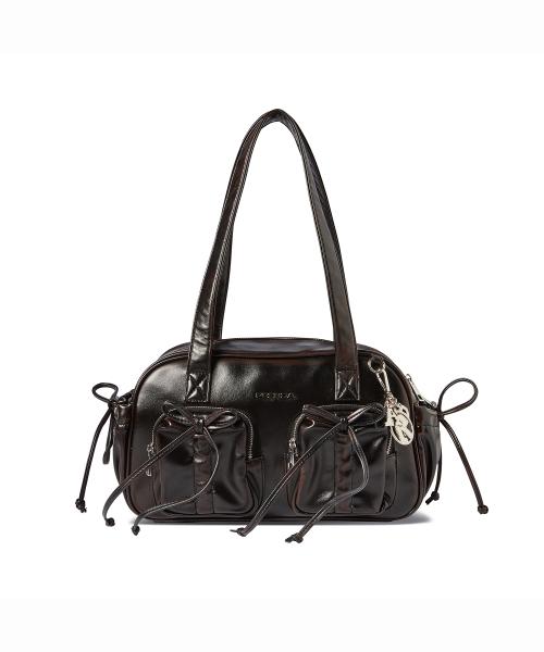 LEATHER POCKET SHIRRING RIBBON BAG BLACK