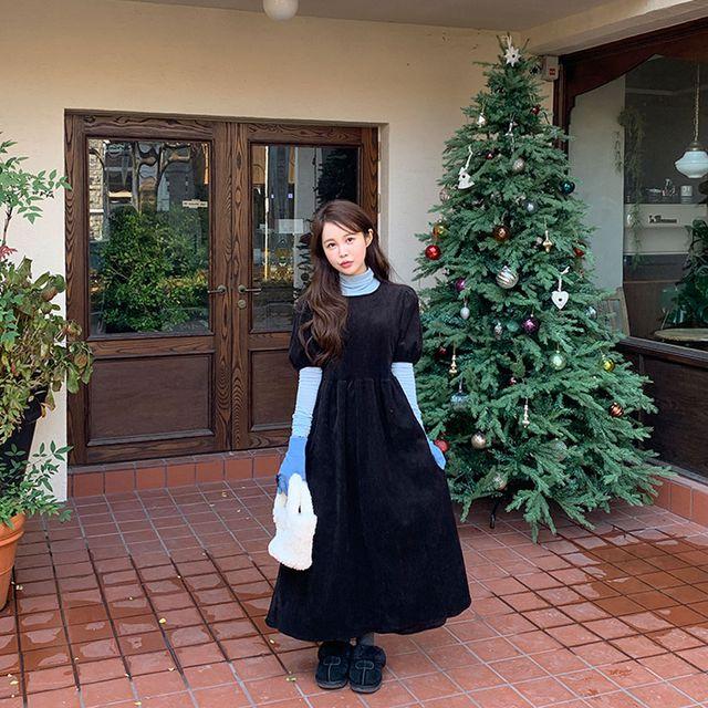 포그 코듀로이 골덴 퍼프 롱 원피스 [겨울원피스/크리스마스/루즈핏원피스/연말룩/겨울하객룩]