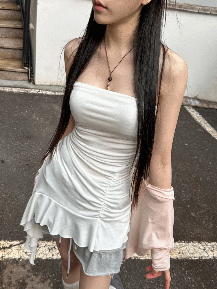 유니크 더 빈티지 걸즈 프릴 캉캉 언발 롱 튜브탑(3color)