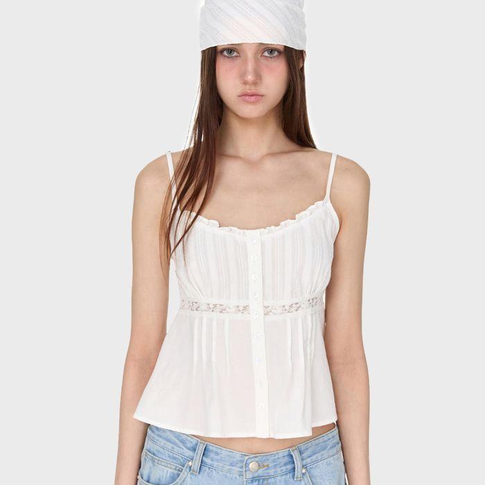 Lace Frill Sleeveless Top, WHITE