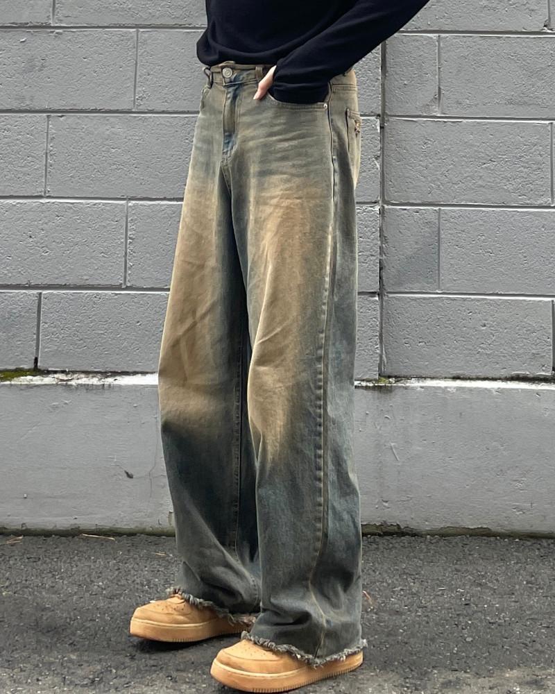 웨스턴 빈티지워싱 컷팅 와이드 데님, 남자와이드데님팬츠